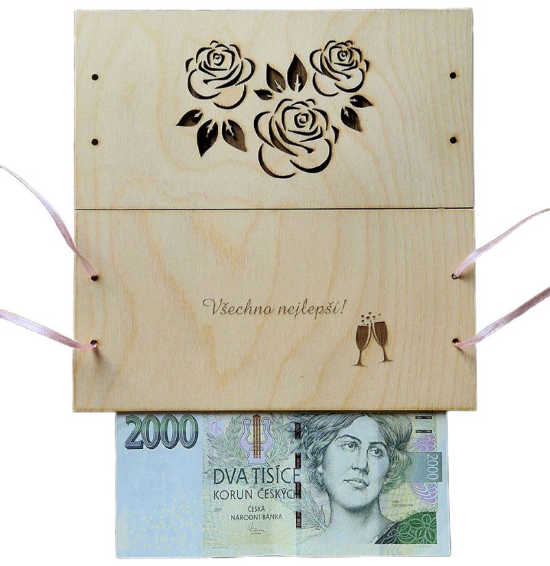 Dřevěné přání na peníze - růže 3