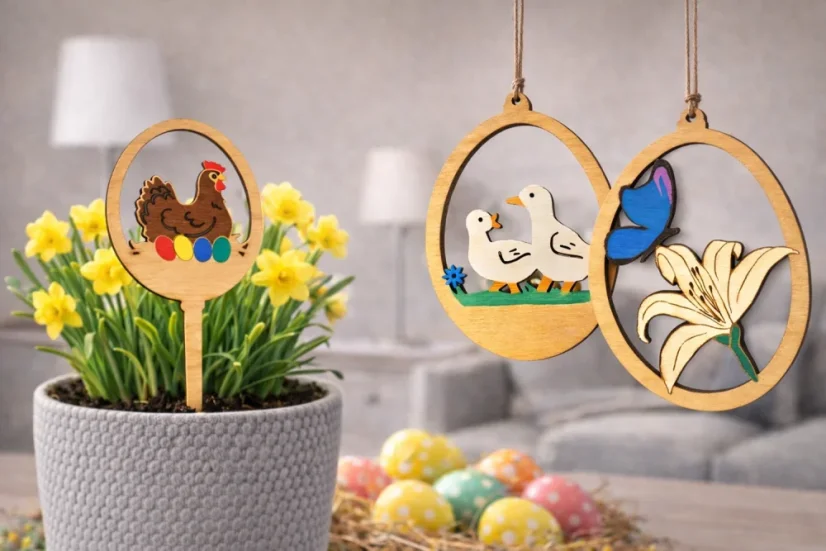 Dřevěná velikonoční vejce k zavěšení nebo jako zápich do květináče