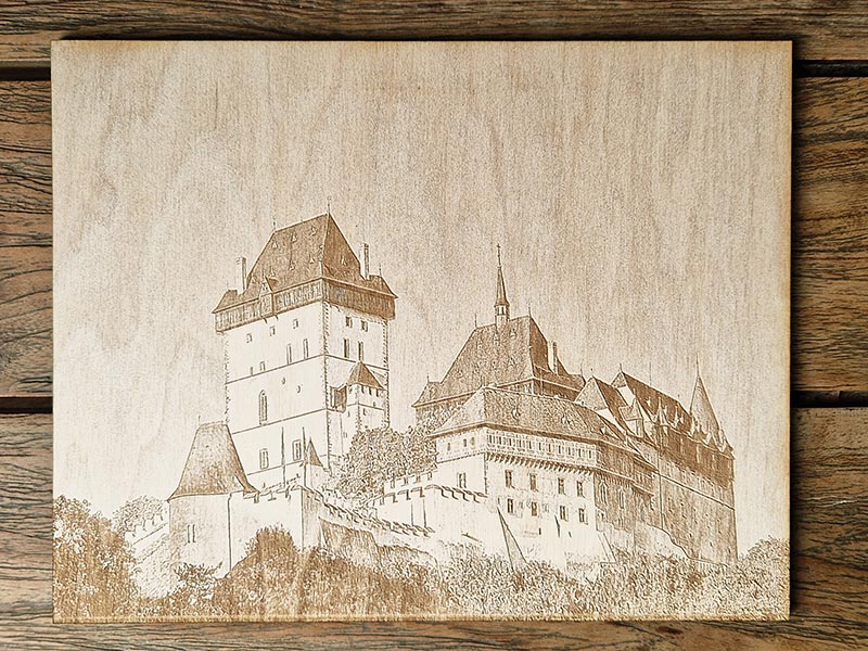 Gravírovaná fotka březová překližka Karlštejn