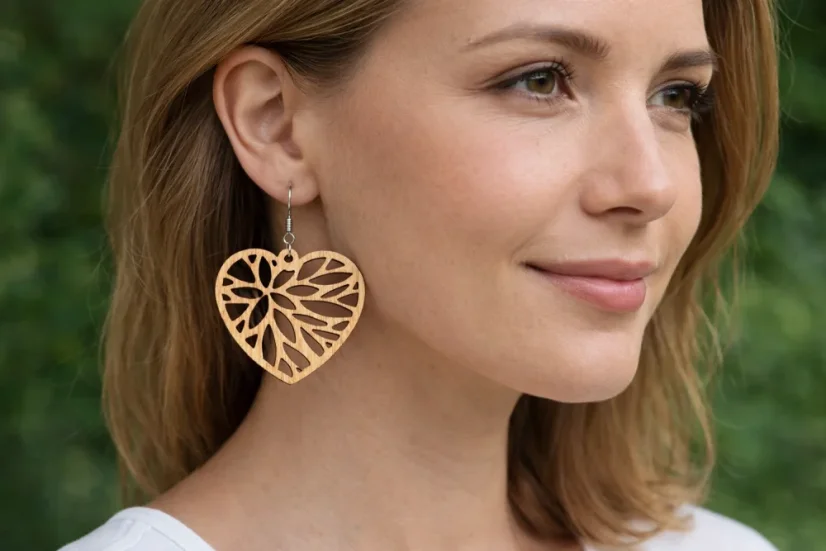 dřevěné náušnice srdce -  vzor 3 vel. 4,5 x 4,2 cm