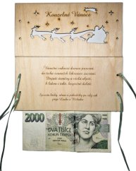 Dřevěné přání na peníze vánoční - Santa veze dárky