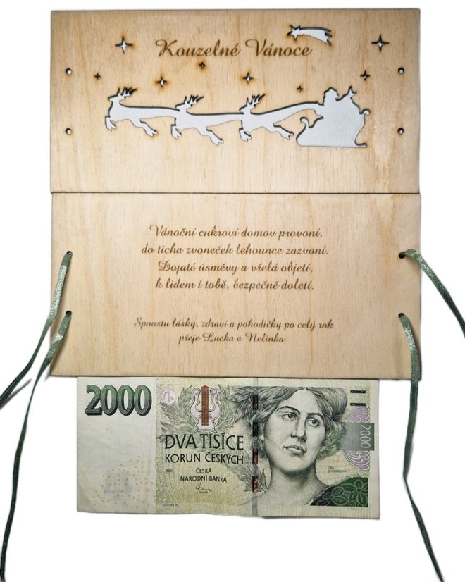 Dřevěné přání na peníze vánoční - Santa veze dárky